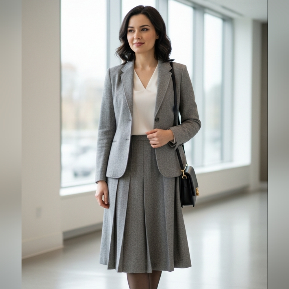 Vintage 90s Sears Wool Gray Herringbone Women's Office Skirt Set/Suit Size 16